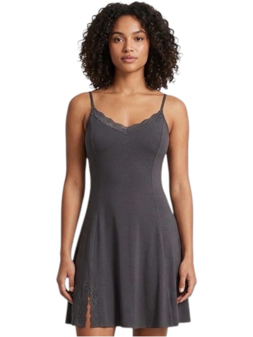 POL Charcoal Grey Lace Trim V-Neck Slip Mini Dress Size M